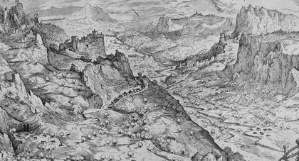 A tall cut of an engraved alpine landscape: a fortified hill town above a valley road, in black line on white paper.