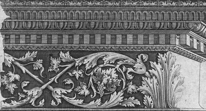 Engraved Corinthian entablature: an egg-and-dart cornice above a frieze of acanthus scrolls, in black and white.