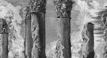 Etching of standing Corinthian columns of the Temple of Juturna in Rome, in black line on white paper.