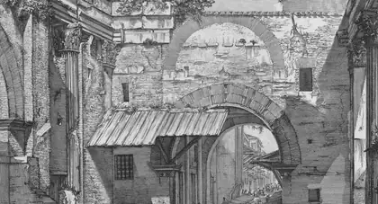 Etching of the arches inside the Portico of Octavia in Rome, in black line on white paper.