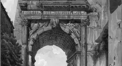 The Arch of Titus in Rome seen from the street, with the city visible through the arch, in black line on white paper.